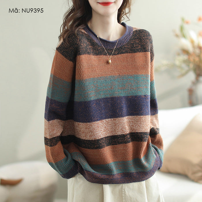 Áo len đan móc dài tay cổ tròn kẻ sọc màu sắc - NU9395