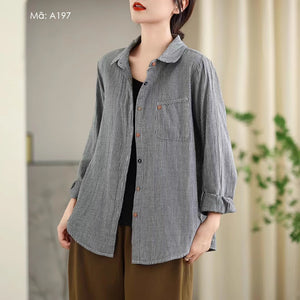Áo sơ mi dài tay cổ đức kẻ sọc túi miệng chéo - A197