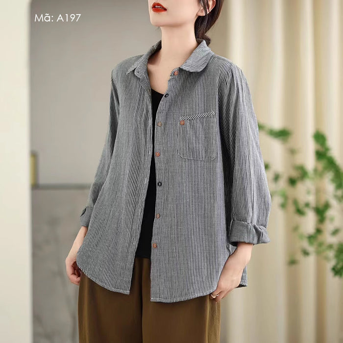 Áo sơ mi dài tay cổ đức kẻ sọc túi miệng chéo - A197