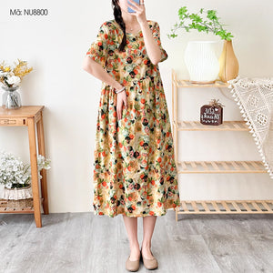 Đầm liền linen ngắn tay cổ tròn chiết eo xếp ly in hoa văn trừu tượng - NU8800