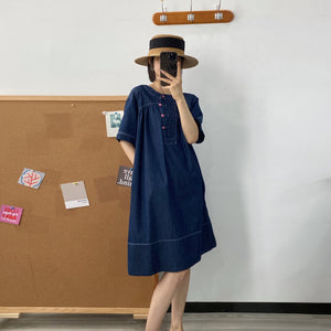 Đầm liền denim ngắn tay xòe cổ tròn khuy cài - NU10374