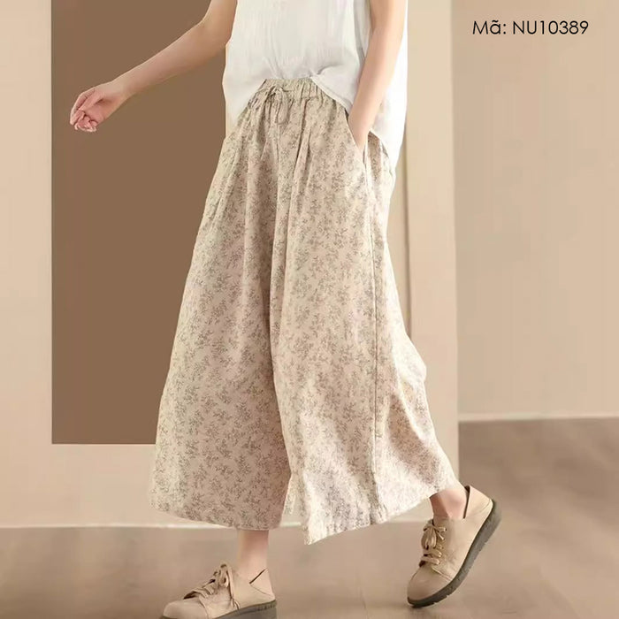 Quần baggy linen lưng thun in hoa liti ống rộng - NU10389