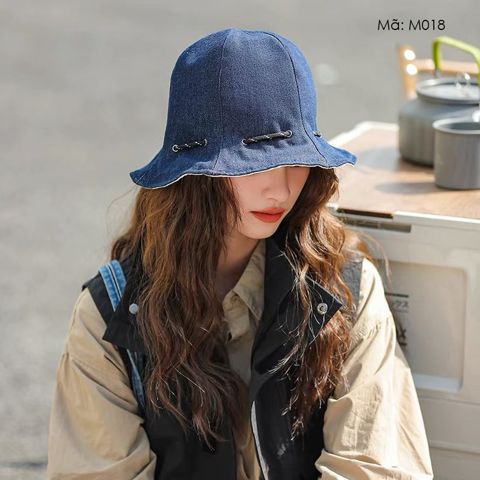 Mũ denim retro vành rộng dây rút - M018