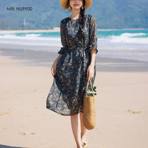 Đầm liền linen ngắn tay cổ tròn in những chiếc lá - NU9900
