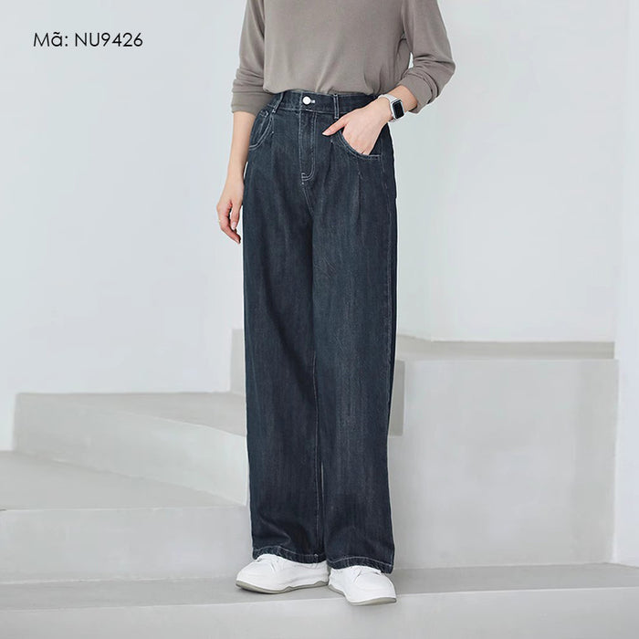 Quần baggy denim basic lưng thun khuy cài ống đứng - NU9426