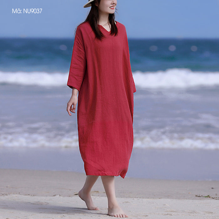 Đầm liền linen tay lửng cổ V eo thắt dây một màu - NU9037