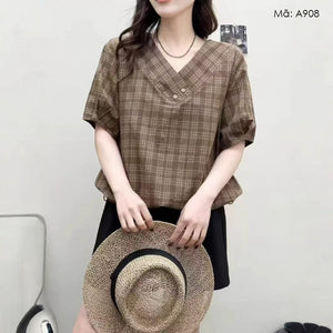Áo sơ mi ngắn tay cổ V hai khuy kẻ caro - A908