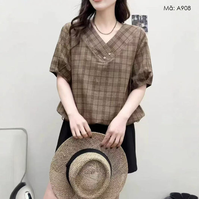 Áo sơ mi ngắn tay cổ V hai khuy kẻ caro - A908