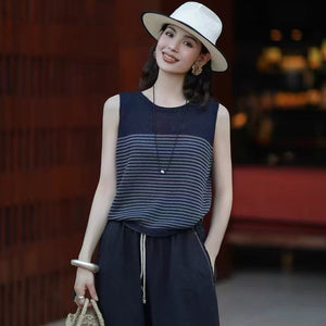 Áo T-shirt len đan sát nách cổ tròn kẻ sọc - A963