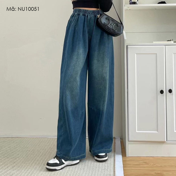 Quần baggy denim lưng thun ống rộng bạc gối túi sau - NU10051