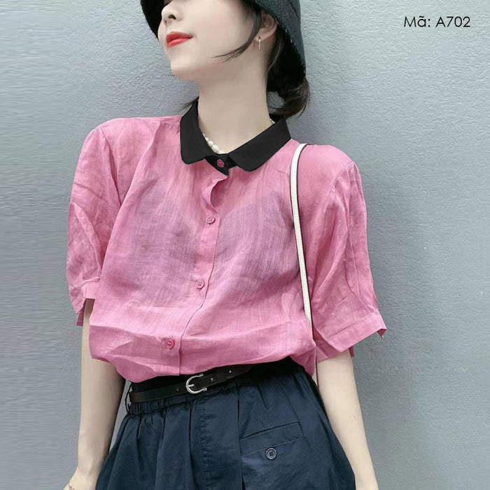 Áo sơ mi ngắn tay cổ pipi lệch màu - A702