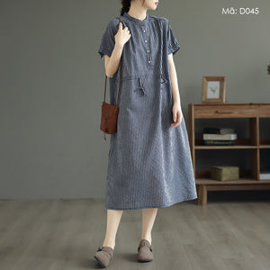 Đầm liền linen ngắn tay cổ V kẻ sọc eo kiểu thắt dây - D045