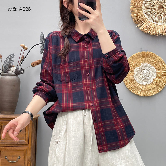 Áo sơ mi dài tay cổ đức kẻ sọc caro một túi - A228