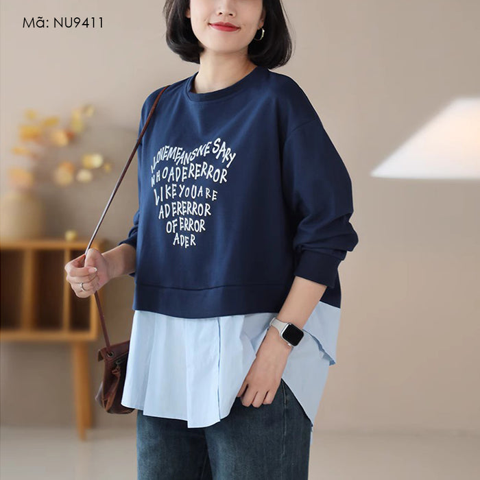 Áo T-shirt dài tay cổ tròn kiểu hai lớp sơ mi chữ xếp trái tim - NU9411