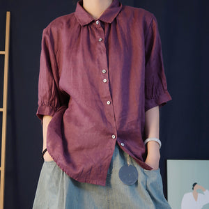Áo sơ mi linen ngắn tay cổ đức một màu - A005