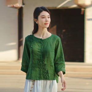 Áo sơ mi linen tay lửng cổ tròn kiểu đính ren - NU9749