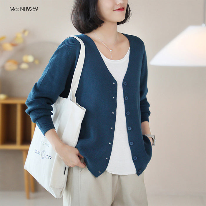 Áo khoác len dệt kim cardigan dài tay cổ V đơn sắc - NU9259