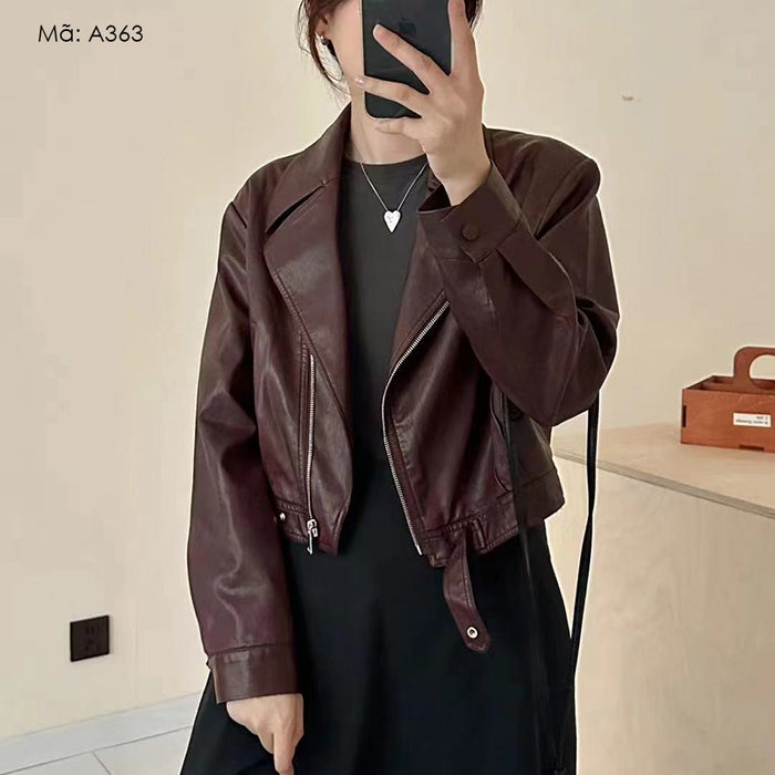 Áo khoác da dài tay cổ vest - A363