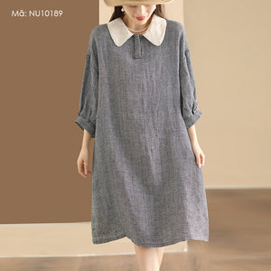 Đầm liền linen ngắn tay cổ cánh sen kẻ caro - NU10189