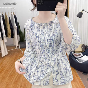 Áo sơ mi tay lửng cổ tròn xếp ly in hoa liti - NU8830