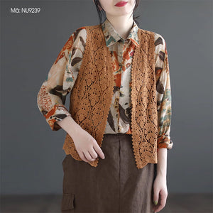 Áo khoác len cardigan sát nách cổ V đan những chiếc lá - NU9239