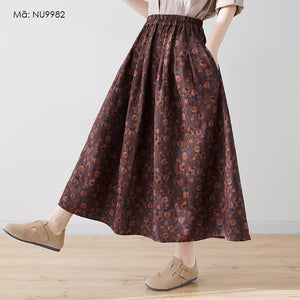 Chân váy linen retro lưng thun chữ A in hoa liti - NU9982