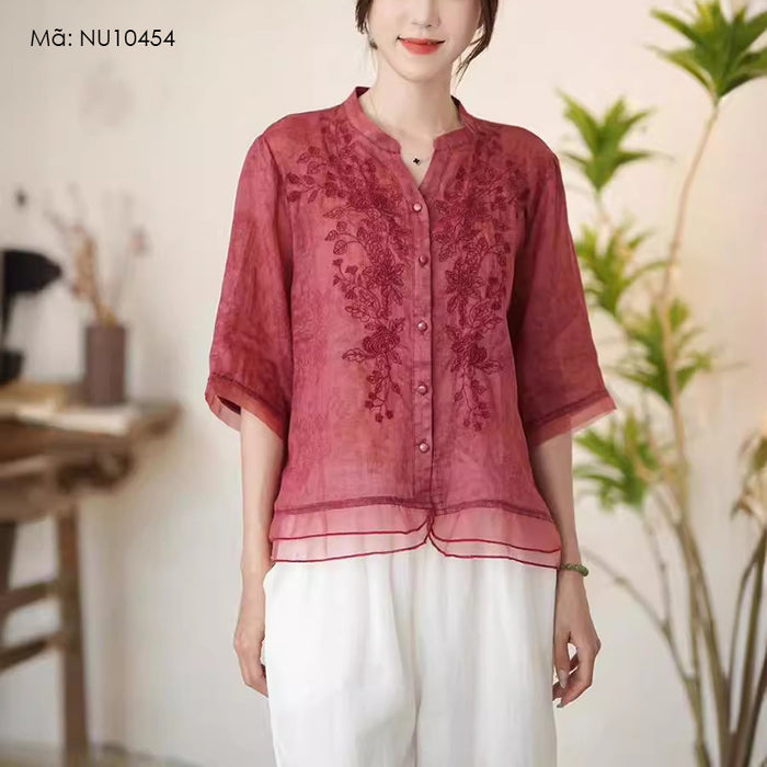 Áo sơ mi linen ngắn tay cổ đứng thêu hoa lá và in đồng màu - NU10454