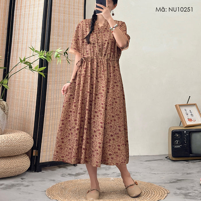 Đầm liền linen ngắn tay phối lụa cổ tròn xẻ V in hoa lá - NU10251