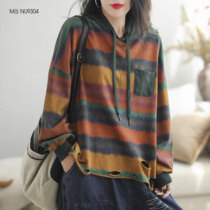 Áo hoodies dài tay kẻ sọc màu vạt kiểu rách - NU9304