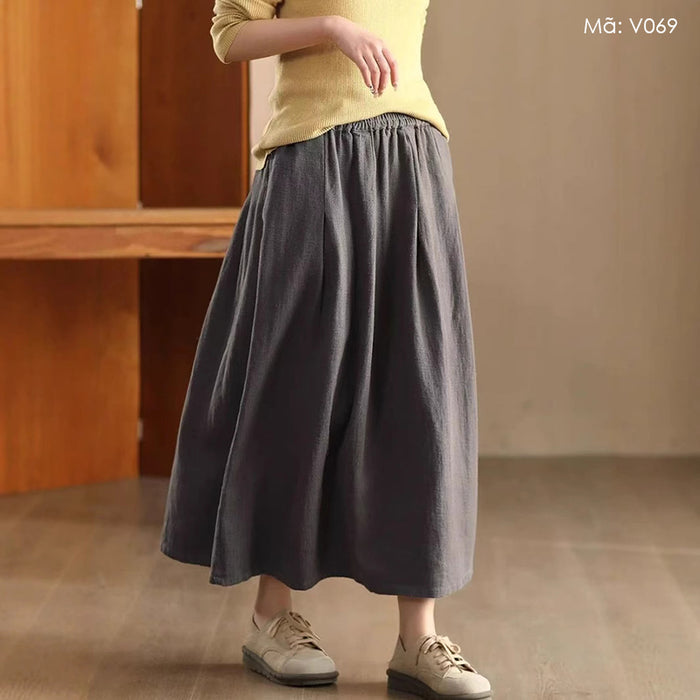 Chân váy linen lưng thun hai túi chéo đơn sắc - V069