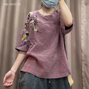 Áo T-shirt linen ngắn tay cổ tròn thêu hoa một bên - NU10118