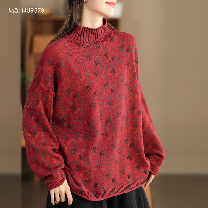 Áo len dài tay cổ đứng in hoa lá liti - NU9573