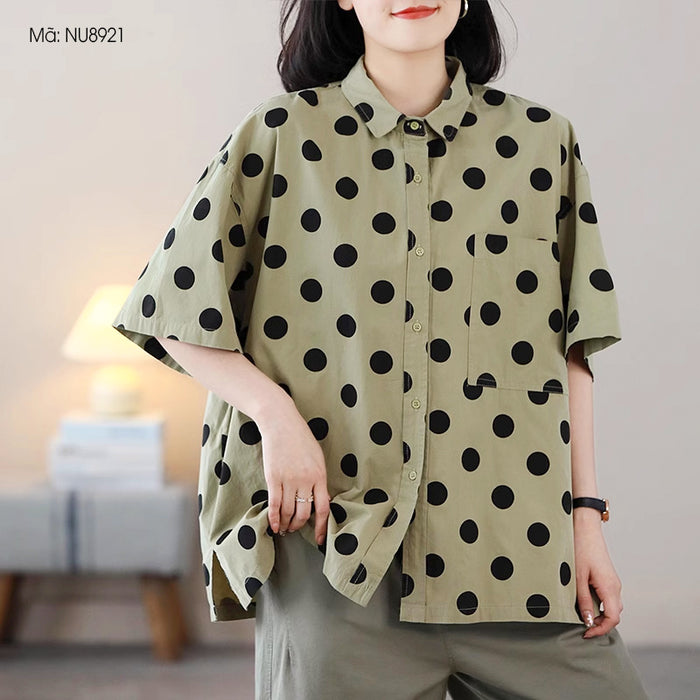 Áo sơ mi ngắn tay cổ đức chấm bi form rộng một túi vuông - NU8921