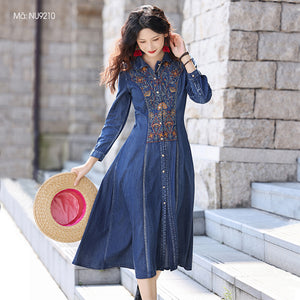 Đầm liền denim dài tay cổ cánh sen thêu hoa văn cân đối - NU9210