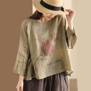 Áo sơ mi linen tay lửng cổ tròn in hoa lá thắt dây - NU10085