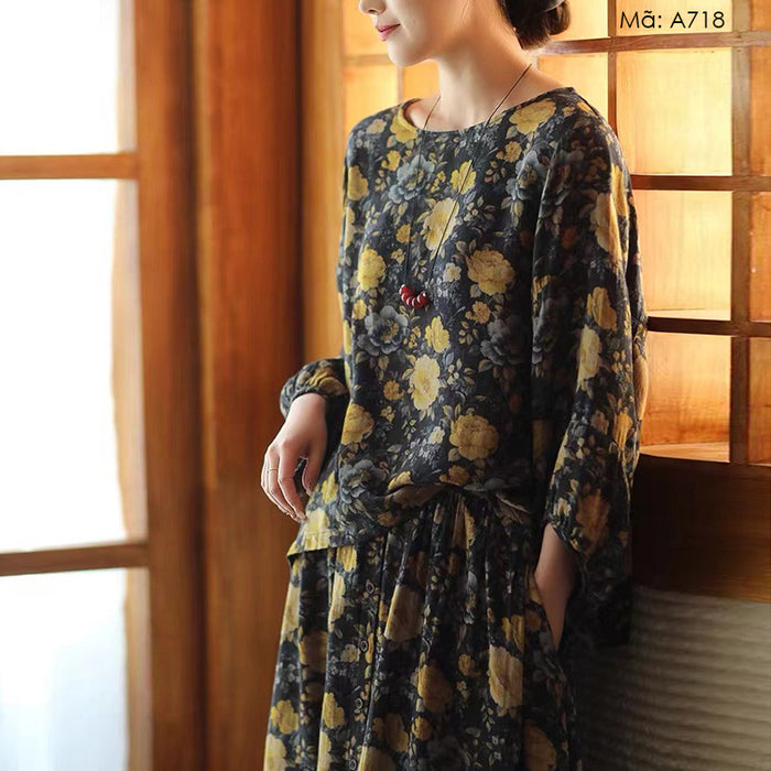 Áo sơ mi linen tay lửng cổ tròn vạt lệch in hoa lá - A718