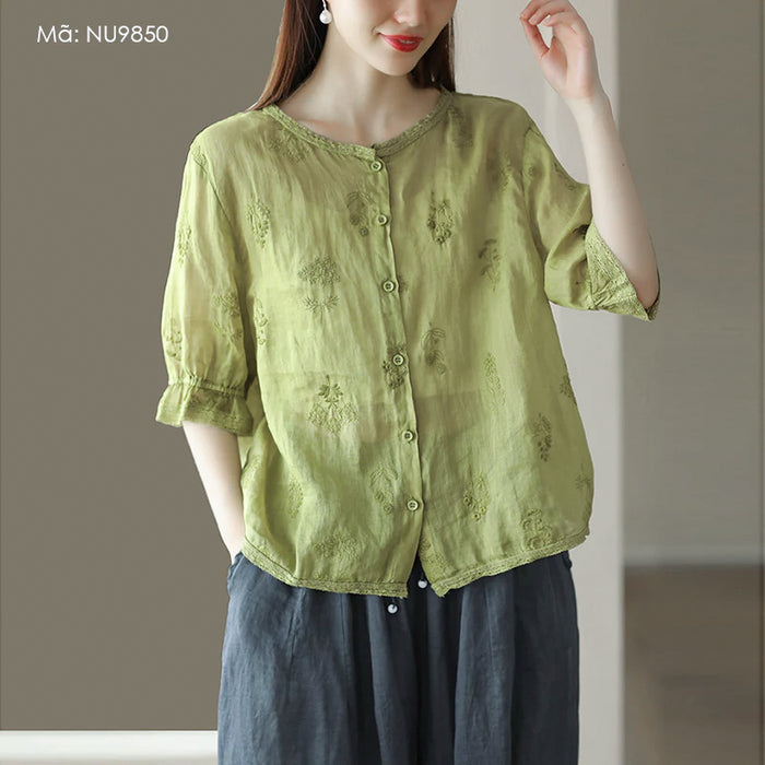 Áo sơ mi linen ngắn tay cổ tròn thêu hoa lá đồng màu - NU9850