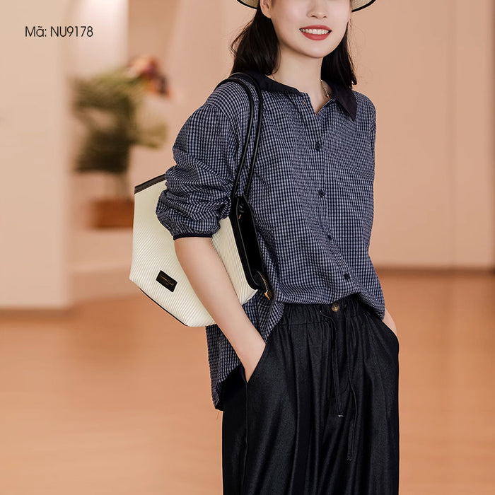 Áo sơ mi dài tay cổ cánh sen kẻ sọc caro - NU9178
