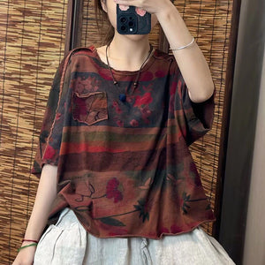 Áo T-shirt ngắn tay cổ tròn in hoa văn trừu tượng một túi - NU10400