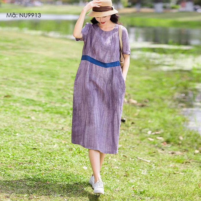 Đầm liền linen ngắn tay cổ tròn eo phối dải màu - NU9913