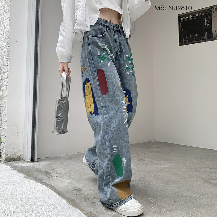 Quần baggy denim cạp cao ống đứng vẽ trừu tượng - NU9810