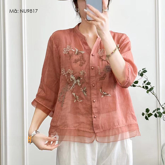 Áo sơ mi linen ngắn tay cổ V thêu tứ quý - NU9817