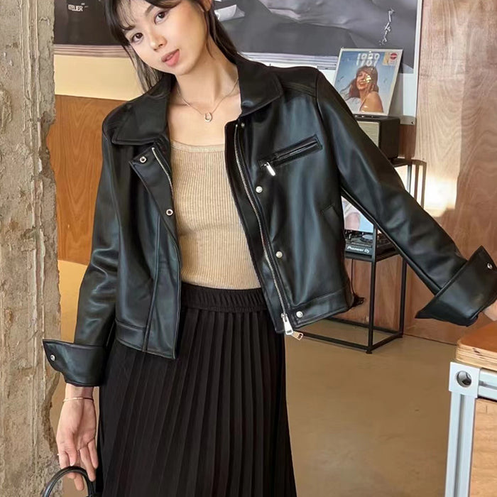 Áo khoác da dài tay cổ đức retro túi trước ngực - A504