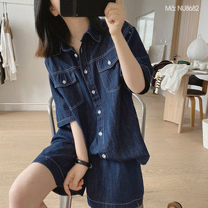 Bộ đồ denim gồm quần sooc và áo sơ mi ngắn tay cổ đức - NU8682