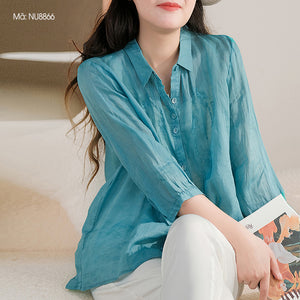Áo sơ mi linen tay lửng cổ đức thêu hoa văn đối xứng - NU8866