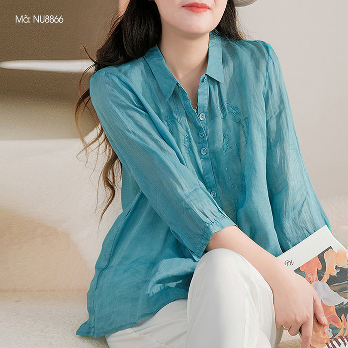 Áo sơ mi linen tay lửng cổ đức thêu hoa văn đối xứng - NU8866