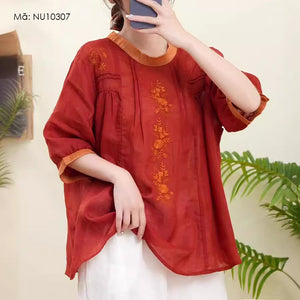 Áo sơ mi linen ngắn tay cổ tròn thắt dây thêu hoa lá trước ngực - NU10307