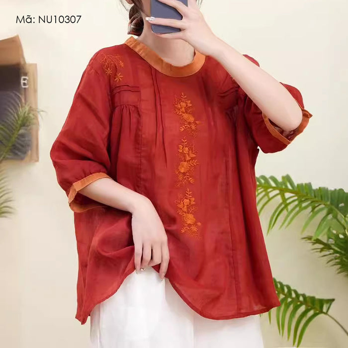 Áo sơ mi linen ngắn tay cổ tròn thắt dây thêu hoa lá trước ngực - NU10307