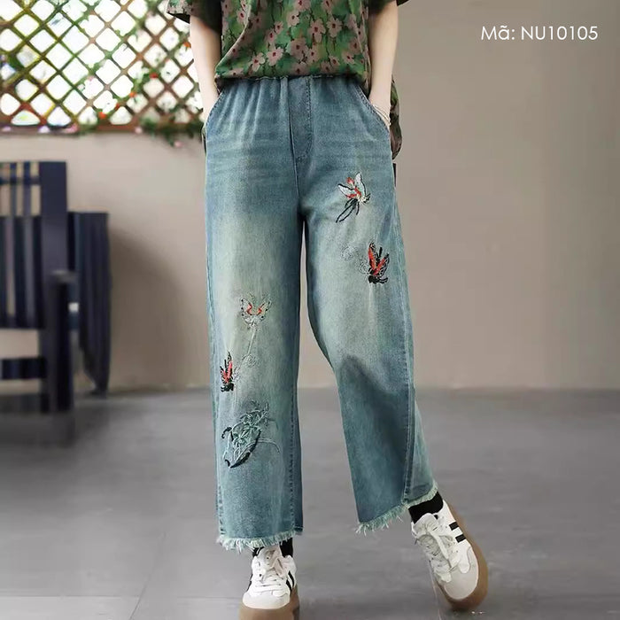 Quần baggy denim lưng thun thêu những chú bướm - NU10105