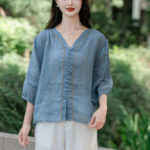 Áo sơ mi linen tay lửng cổ V thêu viền - NU10015